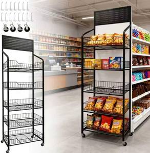 lot 1875 image: 5 Tier Retail Candy Display Rack Metal Storage Shelf with Wheels & 15 Hooks Concession Candy Snack Display Racks Sturdy and Stable Chip Shelf Rack for Stores, Kitchen, Office (Black, 19.710.665 in)