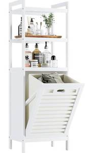 lot 1890 image: HITNET Bamboo Tilt Out Hamper, 10 Gal Bathroom Laundry Cabinet with Hidden Foldable Basket, Freestanding Clothes Storage Organizer with Storage Shelf, White