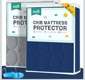 lot 1903 image: Biloban Crib Mattress Protector 2 Pack, Waterproof, Durable, Grey & Navy, Absorbent, Noiseless, Fits Standard 28 x 52 x 5 Inch Mattresses