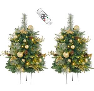 lot 1914 image: 2 Pack Prelit Outdoor Christmas Tree 30 Inch, Remote Control Battery Operated with 100 Warm White Multi-Color Changing LED Lights, Small Pre-Decorated Green Xmas Tree for Pathway, Porch