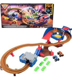 lot 1924 image: Monster Jam, Supercharge Speedway Playset, Megalodon and El Toro Loco Die-Cast Monster Trucks, Light Up World Finals Track Kids Toys for Boys Ages 3 and Up