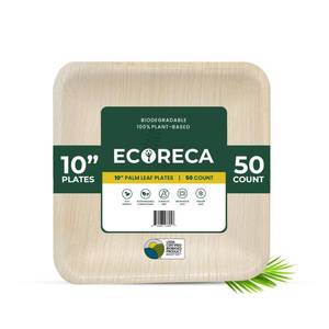 lot 1934 image: ECORECA 50-Pack Biodegradable Palm Leaf Dinnerware Set  10-Inch Square Plates Eco-Friendly and Microwave Safe Disposable Plates- Design for Wedding, Parties,BBQ,Events