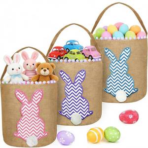 lot 1936 image: TURNMEON 3 PCS Easter Baskets Bunny Rabbit Bucket Tote Bags for Easter Egg Hunts Decorations Candy Gifts Storage Canvas Personalized Easter Eggs Baskets for Kids Girls Boys Party Favor Supplies