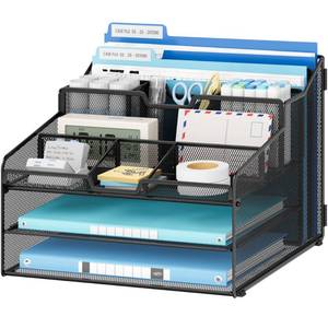 lot 1943 image: Lavatino Desk Organizer - Metal Mesh with 2 Paper Letter Trays, 7 Flexible Dividers, 2 Vertical File Holders for OfficeHomeClassroom Supplies, Desk Organizers and Accessories, Black