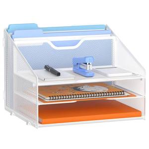 lot 1952 image: GAWERK Letter Tray Organizer, Mesh Desk File Organizer with 3 Paper Trays and 2 Vertical Upright Section (White)