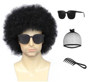 lot 1954 image: Auguyist 70s Disco Afro Wig for Men & Women - Black Curly Costume Wig Perfect for Halloween, 60s 70s Hippie, Funk Party, Cosplay (Black)