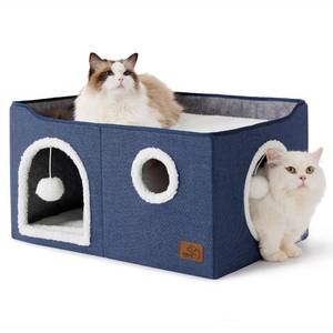 lot 1961 image: Bedsure Large Cat Beds for Indoor Cats - Extra Wide Cat Cube House for Small Pet with Fluffy Ball Hanging and Scratch Pad, Foldable Pet Cave Hideaway for Multiple Cats, 23.6x16.9x13 inches, Blue