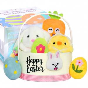 lot 1966 image: Wangchao Craft My First Easter Basket for Baby with Prefilled Plush Bunny Chick Carrot Eggs 7 Pcs Stuffed Easter Basket for Girl Boys Infant Kids Easter Party Supplies Favor Set
