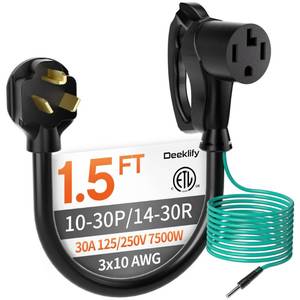 lot 1990 image: Deeklify 1.5 ft 10AWG 4 Prong to 3 Prong Dryer Adapter, 4 to 3 Prong Dryer Plug Adapter, NEMA 10-30P to 14-30R with Green Ground Wire, 30A 250V 7500W, Heavy Duty STW for Old Dryers, ETL Listed, Black