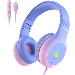 lot 7417 image: Cowyawn USB Type C Kids Headphones, Wired Headphones for Kids with MicrophoneLED Lights, 8594dB Volume Limit, Stereo Sound, Foldable Over-Ear USB-C Headphones for SchoolTravelTabletiPad, Pink