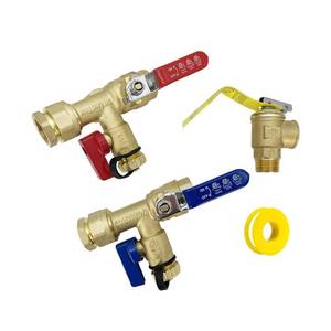 lot 7441 image: Long Term 34 Inch IPS Isolator Tankless Water Heater Service Valve Kit, with Pressure Relief Valve, Clean Brass Construction, PTFE Thread Tape