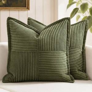 lot 7450 image: MIULEE Olive Green Corduroy Pillow Covers 16x16 Inch with Splicing Set of 2 Soft Boho Striped Pillow Covers Broadside Decorative Textured Summer Pillowcases for Couch Cushion Bed Livingroom