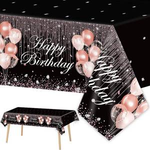 lot 7528 image: 3pcs Black Rose Gold Birthday Tablecloths - Party Decorations With Pink Sequin Plastic Table Cover, Glitter Diamonds - Happy Birthday Supplies for Girl Women Wedding Party