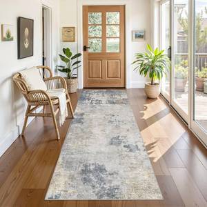 lot 7549 image: UERMEI 3X8 Washable Runner Rug for Hallway Soft Neutral Modern Abstract Area Rug - Non-Slip Low Pile Long Throw Indoor Carpet for Kitchen Entryway Kitchen Bedroom Laundry Bathroom- Blue Grey