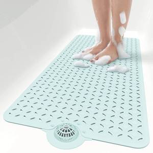 lot 7556 image: OTHWAY Bath Mat for Tub Non Slip 39 X 17 Long Bathtub Mat with Hair Catcher Big Drain Holes Shower Mats for Inside Shower Machine Washable (Light Blue)