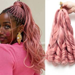lot 7562 image: French Curly Braiding Hair Pre Stretched Loose Wavy Braiding Hair Dark Pink French Curl Crochet Braids for Women Loose Wavy Curl Hair Extensions 12 Inch