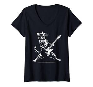 lot 7639 image: Womens Guitar Cat Novelty Rock Music Band Concert Funny Cat V-Neck T-Shirt Grey M