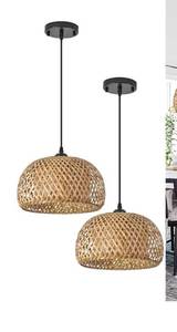 lot 1001 image: TERLEENART Bamboo Pendant Light,Set of 2 Boho Round Basket Chandelier Handmade Woven Pendant Light, Natural Bamboo Rattan Hanging Chandelier