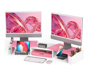 lot 1004 image: Simple Houseware Desk Dual Monitor Stand Riser with Drawer, Pink