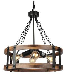 lot 1014 image: Farmhouse Rustic Wood Chandelier, 4-Light Industrial Drum Chandelier