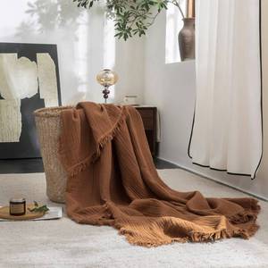 lot 2086 image: FOSSA Muslin Blanket with Fringe - 4-Layer 100% Cotton Gauze Super Soft &amp Breathable Throw -Lightweight Decorative Cooling Blanket for Bed, Sofa, Office -Throw XL Size 50 x 70 (Dark Orange)