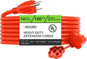 lot 2097 image: UBOORY Outdoor Extension Cord Waterproof 100 FT, Orange 143 SJTW Heavy Duty, Flexible 100% Copper 3 Prong Extension Cord for Lawn, Garage,UL Listed