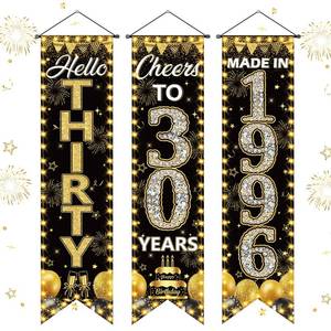 lot 2115 image: 3 Pieces 30th Birthday Party Banners 30th Birthday Decorations for Men Women Black Gold 1996 Porch Signs Cheers to 30th Hanging Backdrops Black Gold Thirty Birthday Party Door Wall Decor Supplies