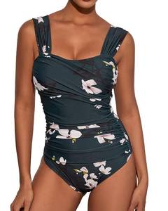 lot 2186 image: VECENEY One Piece Bathing Suit for Women Tummy Control Swimsuits Square Neck Ruched Modest Swimwear Floral Green L