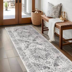 lot 2187 image: EISUROM Hallway 2x5 Runner Rug - Vintage Non-Slip Long Rugs for Entryway Low-Pile Washable Medallion Runner Rugs for Hallway Waterproof Traditional Runner Rugs Indoor Thin Rug for Kitchen (Grey)