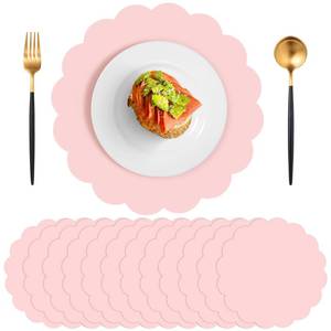 lot 2196 image: 120 Pcs Light Pink Paper Placemats, 13.5 Inch Disposable Scalloped Placemat Round Table Place Mats Decorative Paper for Mothers Day Birthday Wedding Bridal Shower Baby Shower Banquet Tea Party