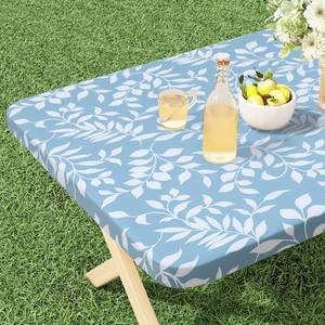 lot 2224 image: misaya Rectangle Vinyl Tablecloth, Fitted Table Cover, 100% Waterproof, Elastic Edge, Flannel Backing, Plastic Table Cloth Fit 6 Foot Folding Tables for Camping, Picnic (Blue Leaves, 30x72 inch)