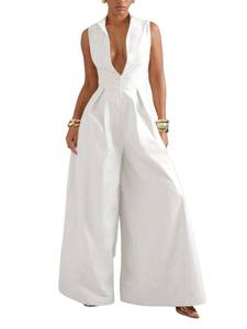 lot 2240 image: Verdusa Womens Zip Up Wide Leg Jumpsuits Sleeveless One Piece Jumpsuit Formal Dressy Casual Spring Outfits White Large