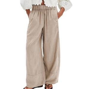 lot 2246 image: SeeLuNa Linen Pants for Women Cotton Baggy Boho Casual Palazzo Pants Wide Leg Long Lounge Trousers with Pockets(Khaki,XS)