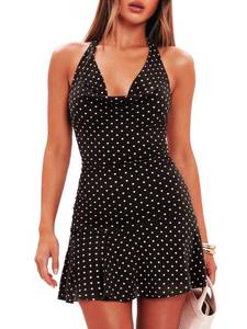 lot 2306 image: OZICERD Women Polka Dot Cowl Neck Halter Mini Dress Mesh Going Out Dresses Backless Sleeveless Party Club Rave Short Vestidos Black White M