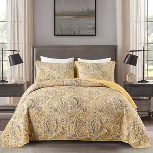 lot 2033 image: DJY Yellow Paisley Quilt Set Queen Size Boho Quilt Bedspread Set 3 Pieces, Soft Lightweight Paisley Floral Pattern Coverlet Bedding Set for All Season, 96x90