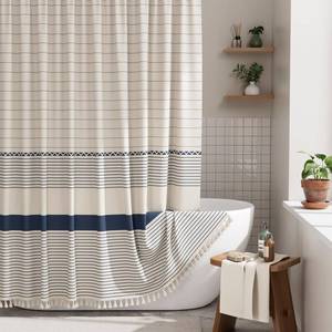 lot 2348 image: AmazerBath Boho Shower Curtain, Modern Farmhouse Shower Curtain Set with Tassels, Rustic Faux Linen Navy Blue Striped Shower Curtain with Hooks, Light Tan Toned, 72x72 Inches