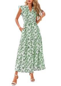 lot 2355 image: PRETTYGARDEN Womens 2026 Summer Floral Midi Dress Cap Sleeve V Neck Ruffle Long Flowy Boho Casual Beach Vacation Dresses (Leaves Light Green,Small)