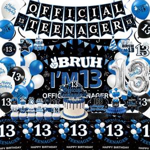 lot 2358 image: 13th Birthday Decorations for Boys Girls, Official Teenager Decorations, Includes Banner, Backdrop, Balloons, Hanging Swirls, Honeycomb, Tablecloth, Cake Topper for 13 year old birthday decorations
