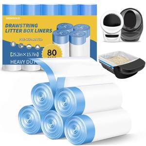 lot 2371 image: 80 Count Cat Litter Box Liner for Automatic Cat Litter Box and Litter Box Robot 543, Heavy-Duty Tear-free Drawstring Receptacles Bags Thickened Waste Bags, 25.2 x 15.7 IN