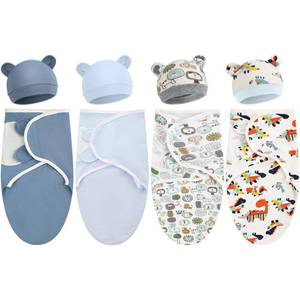 lot 2427 image: Buryeah 4 Pack Preemie Swaddle Blanket Wrap Set with Hat for Baby Boys Girls 3-7 Lbs Preemie Newborn Clothes Sleepers Cap(Blue,Safari)