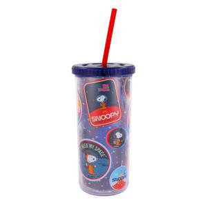 lot 2442 image: Silver Buffalo Peanuts Space Traveling Patches Featuing Snoopy Plastic Tall Cold Cup with Lid and Straw, 20 Ounces
