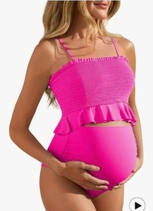 lot 2444 image: Summer Mae Maternity High Waist Swimsuit Ruffle Hem Bikini Bathing Suit Shirred Bandeau Two Piece Pregnancy Swimwear Mint Blossom Medium