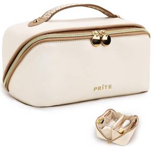 lot 2447 image: Prite Makeup Bag for Women Travel Waterproof Vegan Leather Cosmetic Bag Open Flat Toiletry Bag With Clear Divider and Handle (Beige)