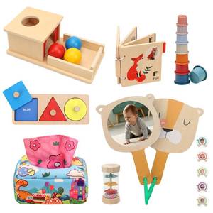 lot 2449 image: Montessori Toys for Babies 6-12 Months, 7 in 1 Wooden Educational Development Toys Sensory Learning Gift for Toddlers with Object Permanence Box, Emotion Learning Mirror, Tissue Box,Rainmaker and More