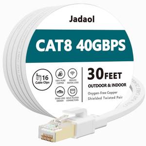 lot 2452 image: Jadaol Cat 8 Ethernet Cable 30 ft, 40Gbps 2000MHz Flat RJ45 SFTP LAN Patch Cable, High-Speed Cat8 Network Cable for Router, Modem, Switch, Gaming Consoles, PC, Home Network & Streaming Devices, White