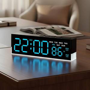 lot 2457 image: zyzamay 7 Inch Modern LED Digital Alarm Clock with Dual Alarms & Soft Bottom Light��Displays Time, Date, Day, Temperature��3-Level AutoManual Brightness, DST, USB or Battery Powered Desk Clock,Blue