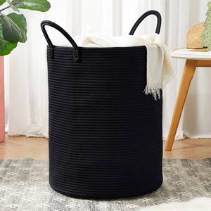 lot 2474 image: MOJOSCEND 60L Black Woven Cotton Rope Laundry Hamper Basket for Clothes Tall Modern Blanket Storage Basket in Living Room Bedroom 15Dx20H inches