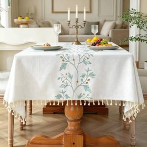 lot 2490 image: Laolitou Cotton Linen Spring Tablecloth for Dining Waterproof Rustic Farmhouse Kitchen Rectangle Table Cloth Coffee Table Cover, Beige, Green Coffee Flower, 55x102 Inch