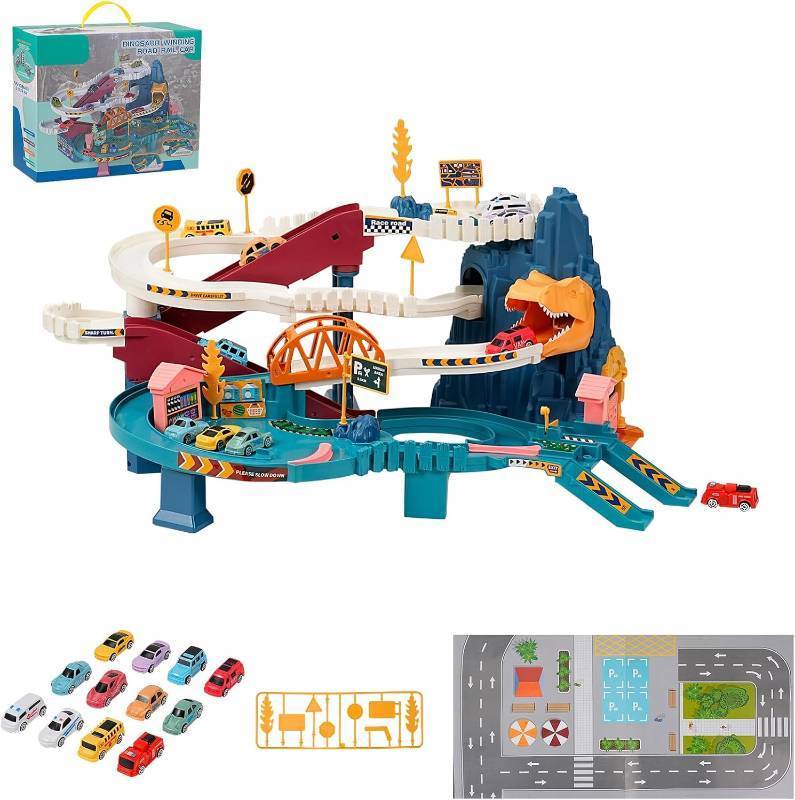 lot 221349 image: Toy Car Ramp Track, Climbing Hills Railcar Colorful Vehicles Construction Play Set with 12 Mini Racer Cars for Kids 3(Dinosaur)