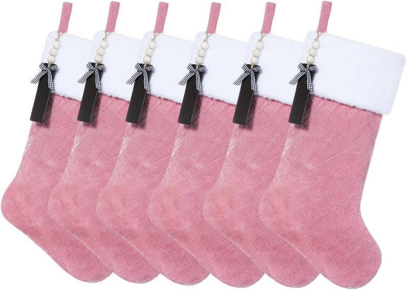 lot 221355 image: Pink Velvet Quilted Personalized Christmas Stocking,19.5 Inch Fireplace Hanging Stockings with Blank Wooden Tags DIY Name,Family Holiday Decorations and Xmas Gift- 6Pcs